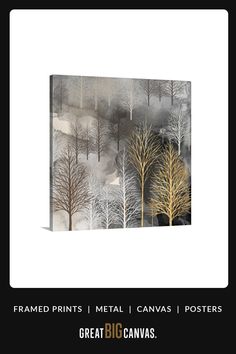 a painting with trees in the background and text that reads, framed prints metal canvass posters