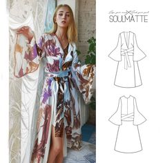 🌸✨ Unleash your inner bohemian goddess with Soulmatte's exquisite printable sewing pattern! Introducing our Wide Sleeves Robe--a perfect blend of hippie chic and summer vibes, designed for the free-spirited woman who loves to embrace comfort and style. 🌞 Dive into the world of peignoir couture with our unique pattern, featuring wide sleeves that flow like a gentle breeze and a flattering V neckline design. Whether you're lounging by the pool or strolling through a summer festival, this long ro Beach Robe Pattern, Womens Robe Pattern, Fitted V-neck Bohemian Kimono, Robe Pattern Free Sewing, Diy Robe Pattern, Kimono Robe Sewing Pattern, Boho Sewing Patterns, Robe Sewing Pattern, Kimono Sewing Pattern