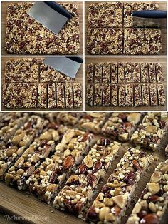 chocolate and nuts bars are being cut into squares