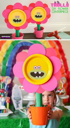 DIY Trolls Flower Pot Centerpiece | Party Ideas & Activities by Wholesale Party Supplies Diy Trolls Birthday Party, Geheimagenten Party, Wonderland Classroom, Troll Party Theme, Flower Pot Centerpiece, Flower Party Decorations, Parties Decorations, Trolls Party, Princess Poppy