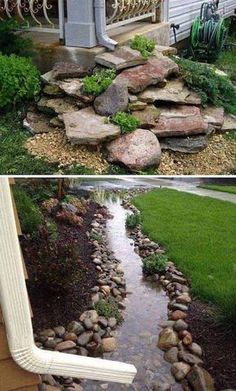 two pictures side by side one has rocks and the other has water running through it