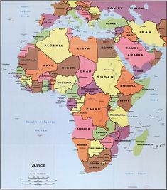 a large map of africa with all the countries and their major cities on it's borders