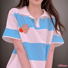 Qteee - Embroidered Lapel T-Shirt featuring Stylish Striped Cartoon Bear Design Casual Patchwork Short Sleeve T-shirt, Casual Short Sleeve Patchwork T-shirt, Casual Cotton Patchwork T-shirt, Casual Patchwork Short Sleeve Tops, Casual Short Sleeve Patchwork Tops, Cotton Short Sleeve Polo Shirt For College, Casual White Patchwork T-shirt, Casual Embroidered Tops For College, Casual White Polo Shirt For College