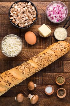 bread, onions, cheese and other ingredients on a cutting board