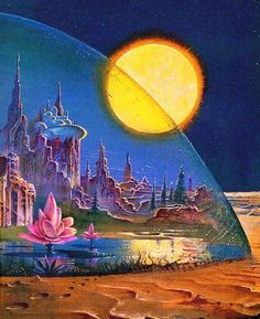 an image of a futuristic city with lotuses in the foreground and a full moon behind it