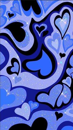 an abstract painting with hearts and stars in blue, black, and white color scheme