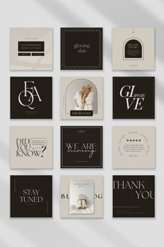 a bunch of black and white business cards with the words thank you written on them