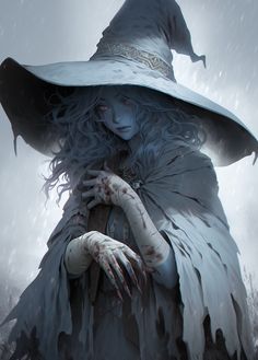 a woman dressed as a witch with her hands on her chest, standing in the rain