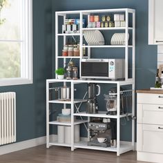 Ample Storage - Solve your pantry woes with this 10-tier baker’s rack. Perfect for your microwave, coffee station, utensils or other appliances. Sturdy Construction - Crafted from high-quality engineered wood, metal frame, and 15 mm thick particleboard countertop, featuring 10 S-hooks and 2 X-shaped designs for stability and durability. Wide Table - The 39.3"W x 15.7"D countertop offers a sturdy surface, easy to clean, accommodating almost everything you need on this kitchen shelf. Versatile Use - Beyond a kitchen rack, it’s perfect as a coffee station, microwave stand, flower stand or study decoration rack, blending effortlessly with rustic furniture.  Easy to Assemble - Comes with all the necessary tools and easy-to-follow instructions. Assembling this utility rack table is a breeze. Ove Industrial Kitchen Shelves, Kitchen Shelves Organization, Baker's Rack, Microwave Stand, Kitchen Utility, Spice Rack Organiser, Kitchen Storage Shelves, Bakers Rack, Utility Storage