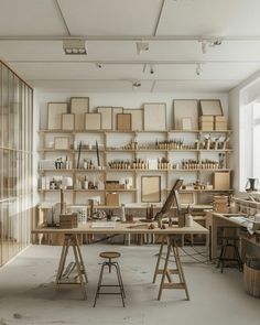 an artist's studio with lots of wooden shelves and stools in front of them