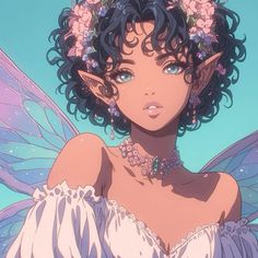 an anime character with blue eyes and black hair wearing flowers in her hair, looking at the camera