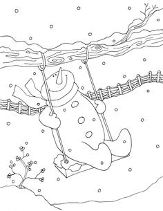 a snowman with an umbrella and hat in the snow, coloring pages for kids