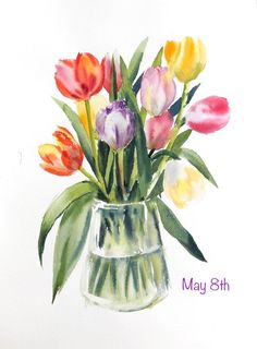 a watercolor painting of colorful tulips in a glass vase on a white background