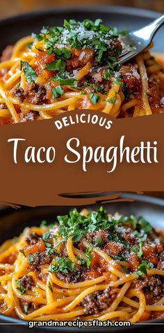 delicious taco spaghetti is served in a bowl with a fork and garnish