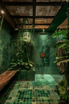 a green tiled bathroom with plants growing on the walls and floor, along with a wooden bench