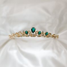 Sadie's Tiara in Green & Gold - Faux Emerald, Clear Crystal, Small, Dainty, Light Weight by AuburnAndMainShop on Etsy Emerald Green Wedding Tiara, Emerald Wedding Tiara, Small Gold Tiara, Dark Green Tiara, Gold And Green Crown, Green Tiara Aesthetic, Cute Green Accessories, Green And Gold Tiara, Sage Green Tiara