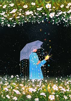 a painting of a person holding an umbrella in the rain with stars falling from it