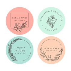 four wedding stickers in pastel colors with leaves and branches on the bottom one