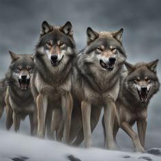 four wolfs are walking in the snow together with their mouths open and one is growling