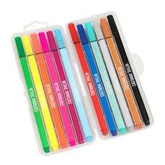 four different colored pens in a plastic case