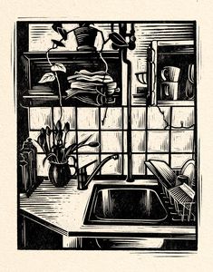 a black and white drawing of a kitchen sink with plants in the window sill