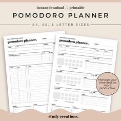 two sheets of paper with the words pomodoro planner on them and an image of