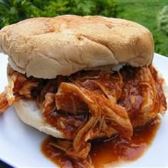 a pulled pork sandwich on a white plate with bbq sauce in the foreground