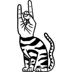 a black and white drawing of a cat making the peace sign