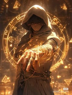 a person in a hoodie holding onto a ring with gold around it and surrounded by other symbols