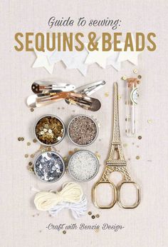 the cover of sequins and beads with scissors, spoons, and other items