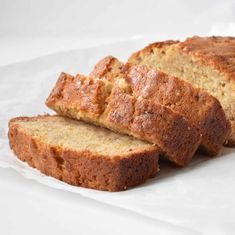 sliced loaf of banana bread on white paper