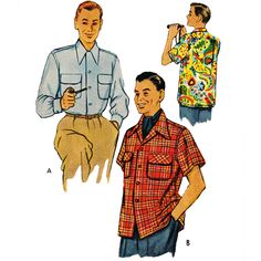 "MAN'S SPORT SHIRT: This casual shirt features a convertible collar which may be worn open at the neck or closed. The shirt back is gathered and joined to a yoke which extends to the front in a forward shoulder seam.  Offered here as a Digital Download. This pattern is also available as a Paper Pattern here: https://www.etsy.com/uk/shop/VintagePatternsSewBI?ref=seller-platform-mcnav&search_query=8335 Skill Level: Intermediate Size Guide: Vintage Size: Medium (15\" - 15 ½\") (38cm-39cm) Chest: 38 Shirt Patterns, 1950s Sewing Patterns, Convertible Collar, Western Look, Couture Vintage, Paper Pattern, Sport Shirt, Mens Shirt, Sewing Notions