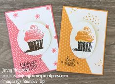 two handmade cards with cupcakes on them