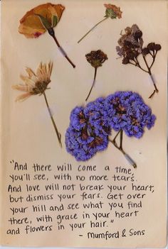 two blue flowers with the words mumford & sons written on them in cursive writing