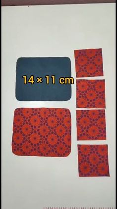 four pieces of fabric laid out on top of a white sheet with red and blue designs