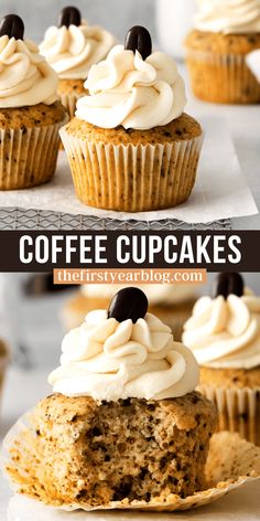 coffee cupcakes with cream cheese frosting and chocolate chips on top are shown