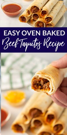 an easy oven baked beef fajitas recipe is shown in this collage with text overlay