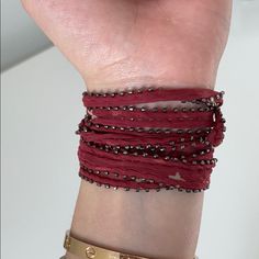 Red Chan Luu Wrap Bracelet/Necklace With White Stars And Silver Beads. Perfect Condition. Woven Bracelet Tutorial, Silk Wrap Bracelets, Woven Bracelet, Wrap Bracelets, White Stars, Woven Bracelets, Chan Luu, Silk Wrap, Bracelet Tutorial