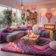 a living room filled with lots of furniture and candles on top of a pink rug