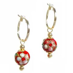 "Gorgeous red Cloisonne bead lever back earrings.      Bead: brass red Cloisonne beads decorated with beautiful flower patterns      Bead measurement: approx. 10mm in diameter      Metal: variable: 14K yellow gold, gold plated 925 sterling silver or 925 sterling silver      Earring measurement: 1 1/2\" in length including the lever back      Hoop measurement:  variable           14K Gold: 15mm (diameter) X 1.25mm (tube thickness)           Silver with gold plating: 15mm (diameter) X 1.5mm (tube thickness)           Silver: 15mm (diameter) X 1.5mm (tube thickness) Actual pearls and Cloisonne beads may vary in color, size and shape." Traditional Red Hoop Earrings As Gift, Nickel-free Red Hoop Earrings, Nickel Free Red Hoop Earrings, Red Dangle Hoop Earrings Nickel Free, Yellow Gold Beaded Hoop Earrings For Gift, Festive Red Hoop Earrings For Pierced Ears, Elegant Red Hoop Earrings, Elegant Red Beaded Hoop Earrings, Adjustable Red Hoop Earrings