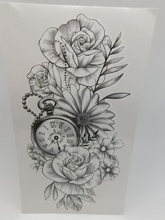 a drawing of flowers and an old pocket watch on a white card with black ink