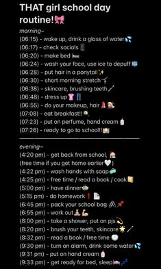 Glow Up Schedule School, Night Routine Ideas List, Productive Day Checklist, Good Night Routines For School, After School Productive Routine, Glowup Routine For Teens, Routine For After School, Checklist Morning Routine