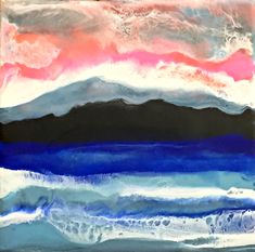 an abstract painting with blue, pink and white colors