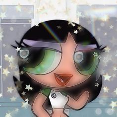 a cartoon girl with green eyes and stars around her head, holding a cell phone