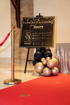 a red carpet with balloons and a sign on it that reads congratulations 2009, surrounded by black and gold balls