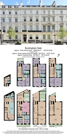 the floor plan for an apartment building with multiple floors and two stories, including three bedroom apartments