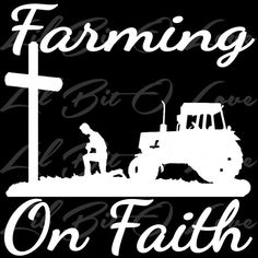 a green tractor with the words farming on it and a man standing next to it