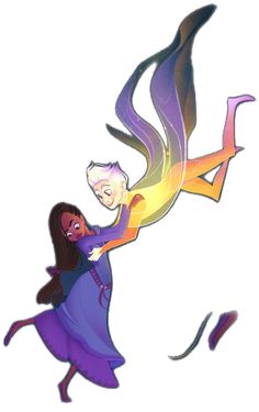 an image of two people flying through the air with their arms around each other,