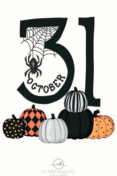 the number thirteen is surrounded by pumpkins and spider