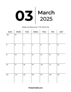 march calendar with the holidays in black and white